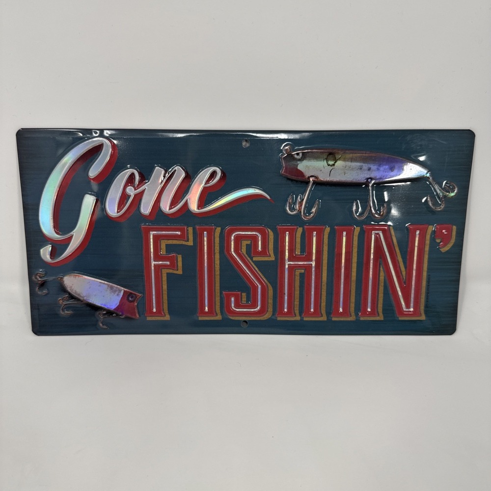 Brand New - "Gone Fishing"‎ Tin Wall Door Sign Decor Fish Hook Bait 10 1/2" x 5"